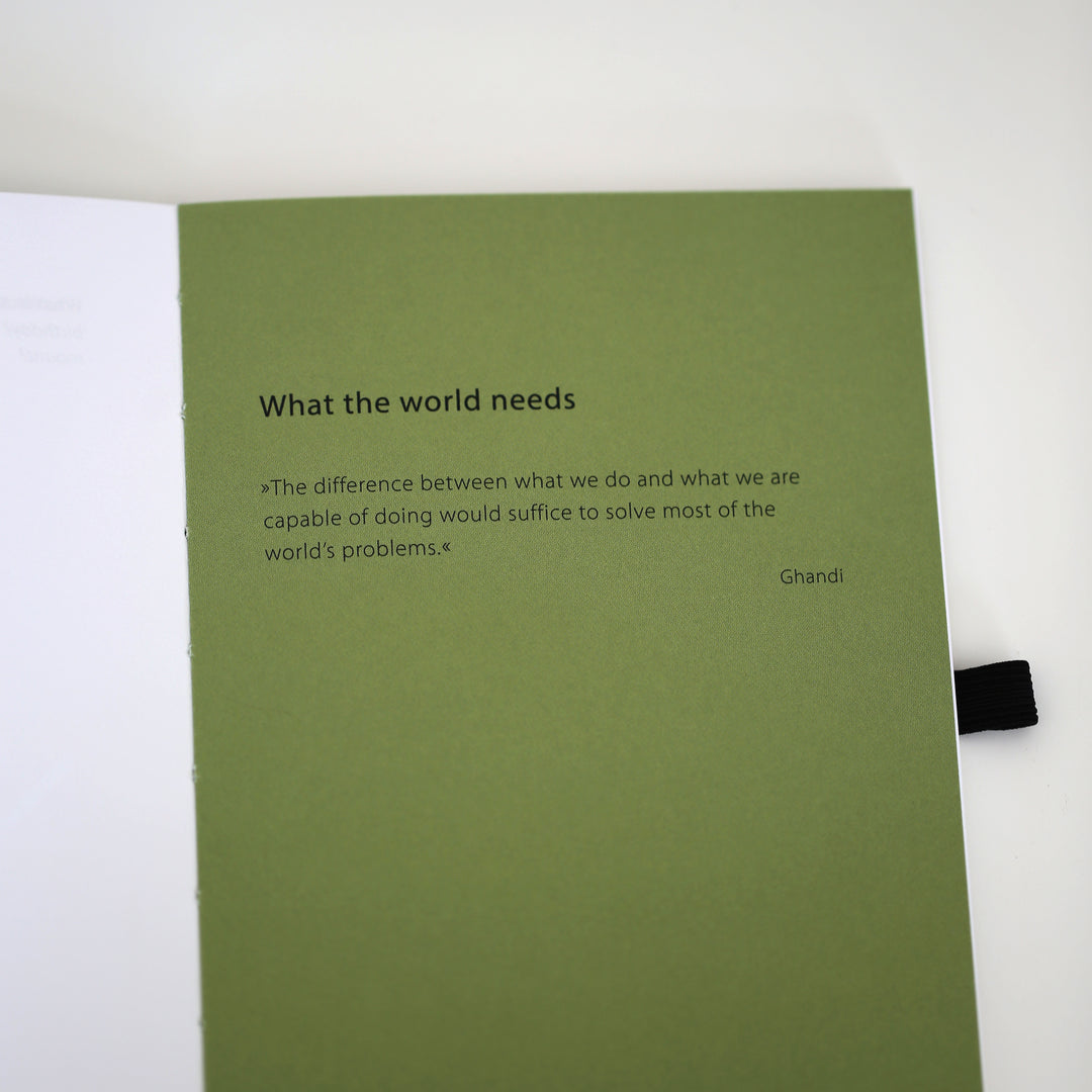 A Quote by Gandhi about solving the world's problems in chapter 3 "What the world need", featured in the 'Ikigai or A Good Life' book, on a green page for self-reflection