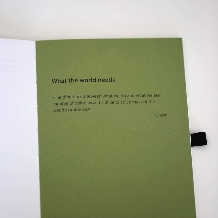 A Quote by Gandhi about solving the world's problems in chapter 3 "What the world need", featured in the 'Ikigai or A Good Life' book, on a green page for self-reflection
