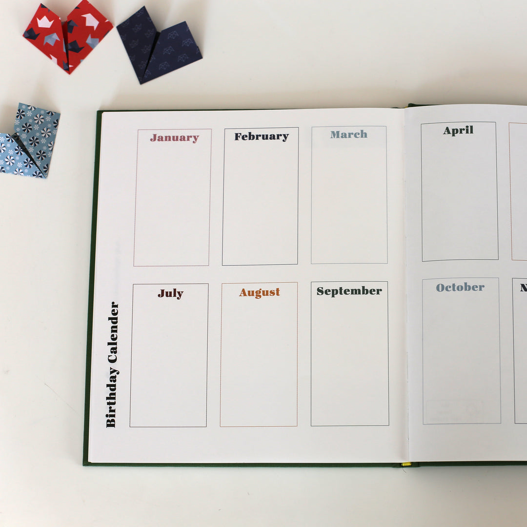 The birthday calendar at the back of the friendship book for all friends to note their birthday in different colors.