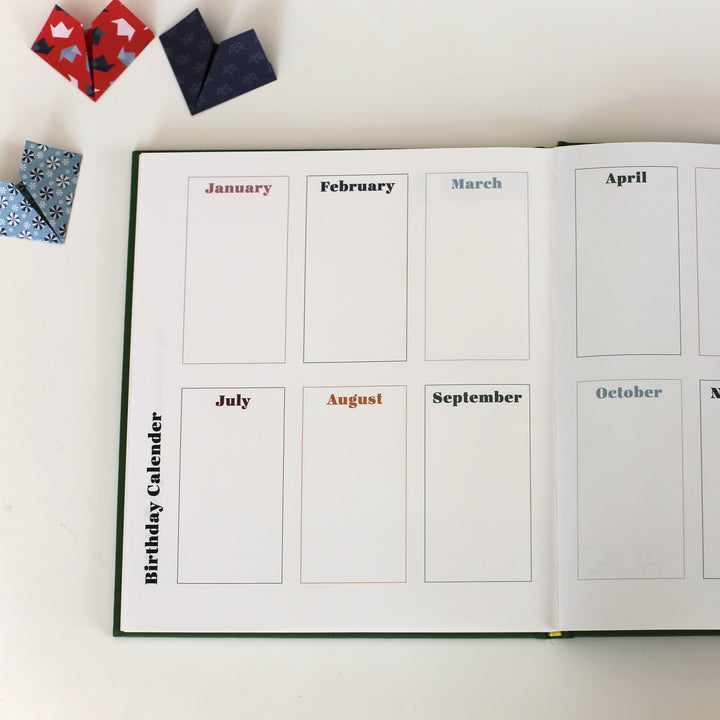 The birthday calendar at the back of the friendship book for all friends to note their birthday in different colors.