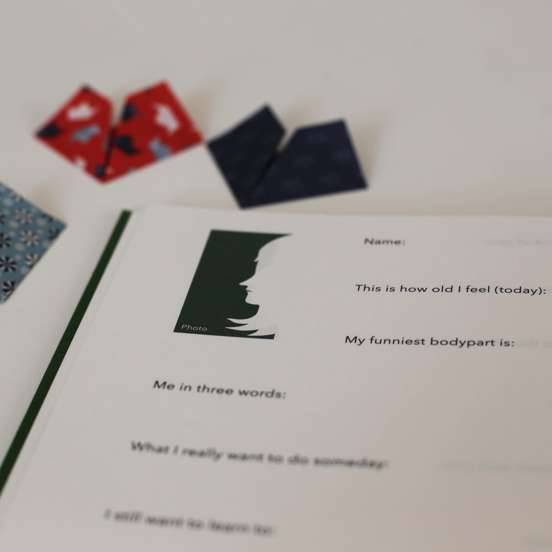Open page of a friendship book with space for a photo and personal information