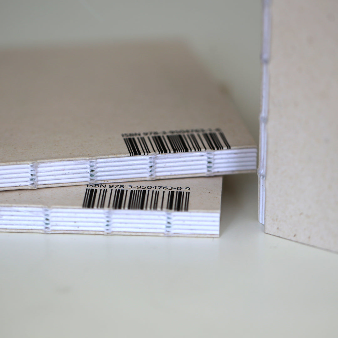 Two 'Ikigai or A Good Life' books showing the ISBN and the artisanal, eco-friendly binding, highlighting the attention to detail in the design.