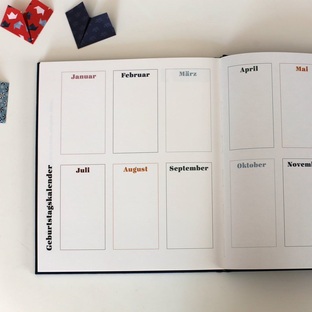 open page of the book of friendship showing the birthday calendar in the back of the book.