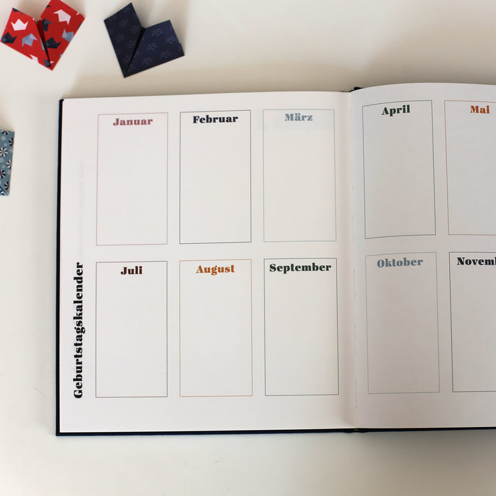 open page of the book of friendship showing the birthday calendar in the back of the book.