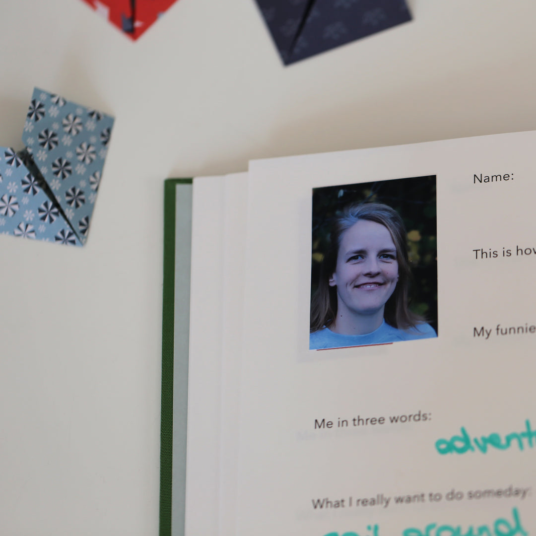 Example of the friendship book with a foto of a person and completed information like "Me in three words" and "What I really want to do someday".